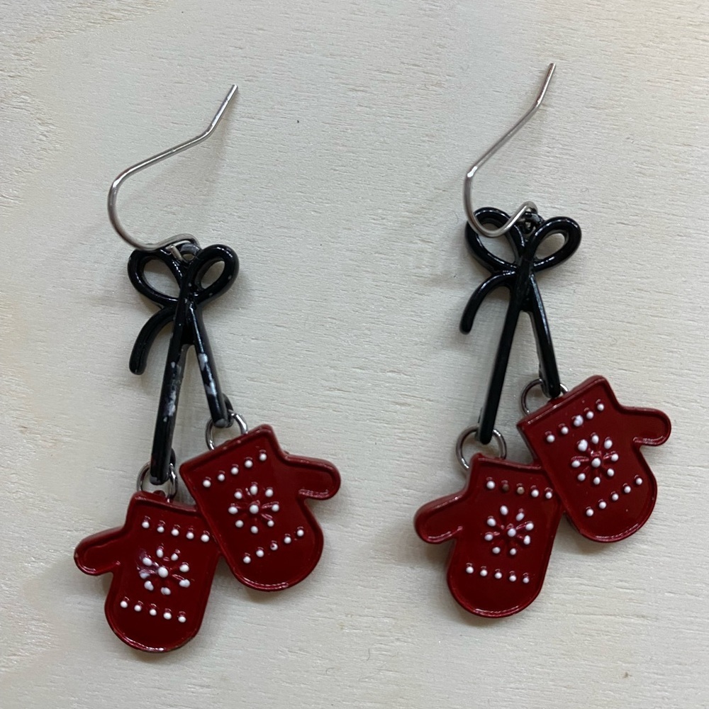 Holiday Christmas Red Mitten Earrings with Black Bow